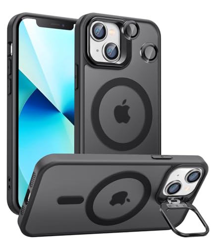 Norllben Magnetic for iPhone 13 Mini Case with Stand, Compatible with Magsafe, Military Protection & Camera Lens Protector Translucent Matte Case,Black