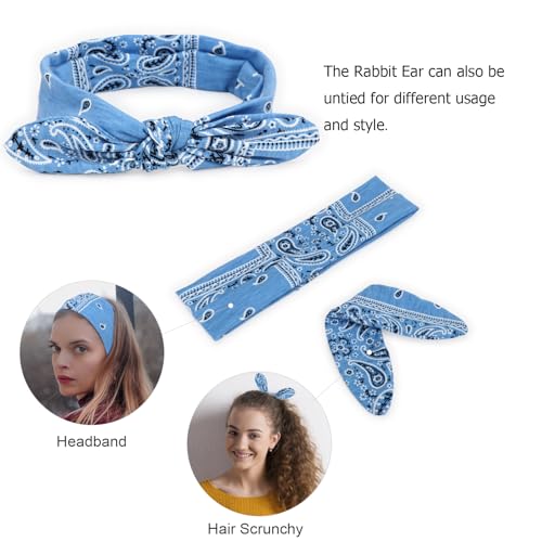 Image of DRESHOW 6 Pack Wire Boho Headbands for Women with Rabbit Ears Bow Twist Headband Printed Vintage Wire Hair Holder