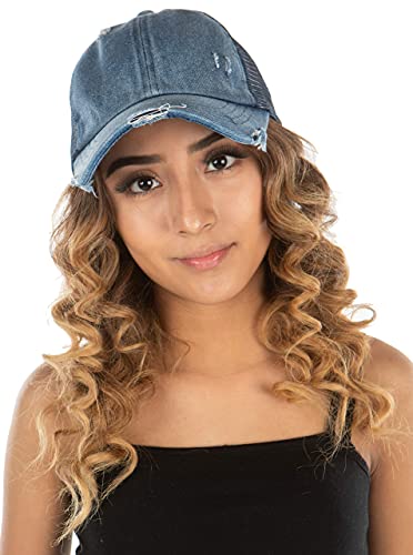 Funky Junque Criss Cross Hat Womens Baseball Cap Distressed Ponytail Messy Bun Trucker Ponycap (Navy Mesh - Denim (Distressed)) #TOP2
