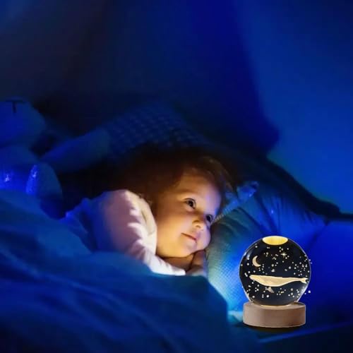 Image of Fish 3D Crystal Ball Night Light with LED Wooden Stand - Glass Sphere Aquarium Style Lamp for Room Decor & Unique Gifts