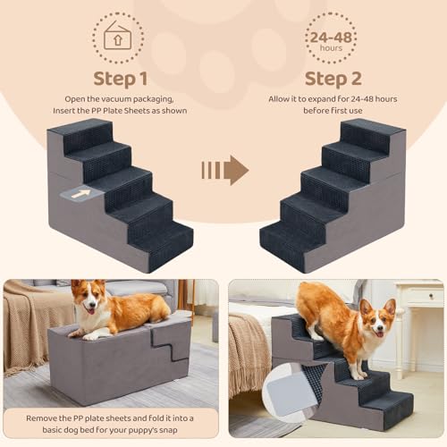 5-Step Dog Stairs, 22.5” H Dog Stairs for High Beds, Non-slip Bottom Pet Stairs for Small Dogs and Cats, Indoor Pet Steps Dog Ramp for Bed, Grey 5-Step Dog Stairs, 22.5” H Dog Stairs for High Beds, Non-slip Bottom Pet Stairs for Small Dogs and Cats, Indoor Pet Steps Dog Ramp for Bed, Grey