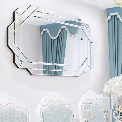 Chende Wall Mirror for Decor, 36" x 24" Octagonal Decorative Mirror with Beveled Edge and Glass Pieces, Large Accent Mirror for Living Room, Bedroom, Dining Room, Hallway Cover