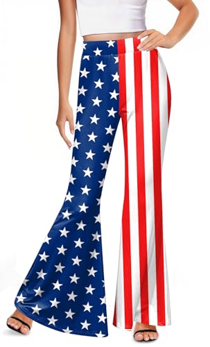 For G and PL Womens July 4th Flared Pants USA Stars Printed High Waisted Casual Trousers USA Flag M
