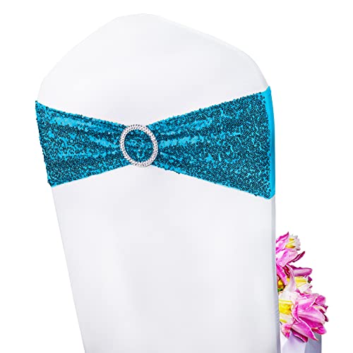 HROZINO 6 PCS Sequin Chair Sashes with Silver Buckle, Chair Bands One-Sided Sequins Decor for Hotel Wedding Reception Party Event Chair Cover, Stretch Chair Bands-Turquoise