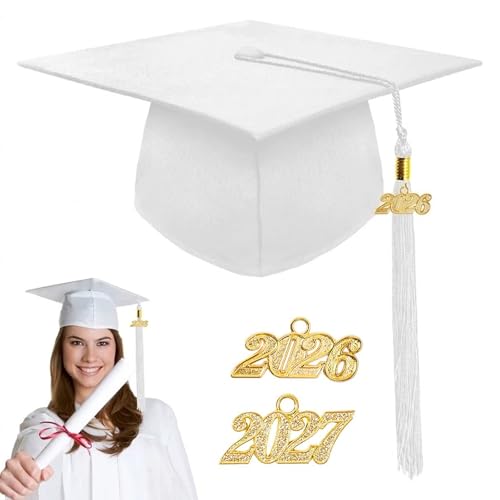 GZJINYUAN Unisex Matte Graduation Cap with Gold 2025/2026 Year Tassel Charm Graduation Hat for Adults Bachelor Master (White)