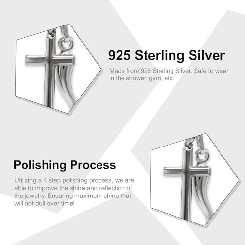 Italian Horn Charm w/Cross - 925 Sterling Silver - Cornicello Pendant - Religious Cross Pendant - 3D Double Sided Pendants - Silver Chain3