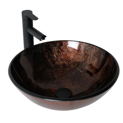 Lofeyo Small Bathroom Sink 17' Brown Glass Vessel Sink With Faucet and Drain Combo - Modern Round...