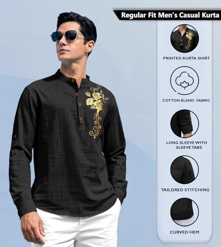 Image of Zombom Men's Cotton Polyester Blend Mandarin Collar Self One Design Printed Full Sleeve Casual Short Kurta Shirt