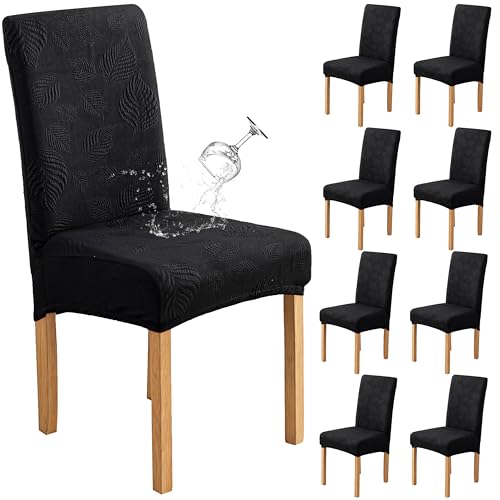 Image of Genina Waterproof Dining Chair Cover Set of 8,Kitchen Chair Cover,Black | Stretch Dining Room Chair Slipcovers with Leaf Jacquard,Removable Kitchen Chair Protector for Home,Restaurant,Banquet