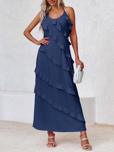 Wenrine Womens Sexy Chiffon Halter Maxi Dress Sleeveless Backless Ruffle Tassel Party Club Dresses2