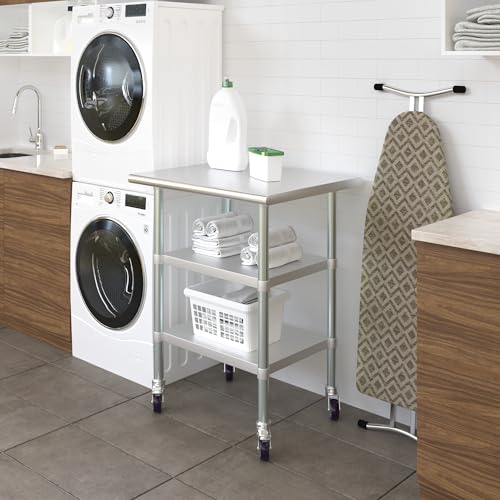 Image of AmGood Stainless Steel Work Table with 2 Shelves and Casters | Metal Utility Table On Wheels (Stainless Steel Work Table with 2 Shelves + Casters, 30 inch Long x 24 inch Deep)