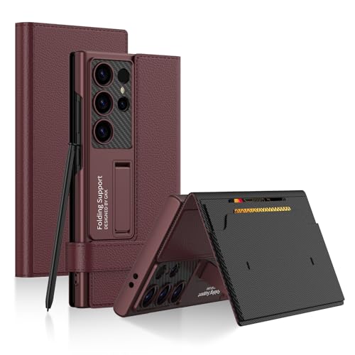 Image of Midkart Leather Flip Cover Compatible with Samsung Galaxy S23 Ultra with Card Holder Built-in Kickstand Magnetic Belt Lock Inner Hard PC with Full Body and Camera Protection, Burgundy