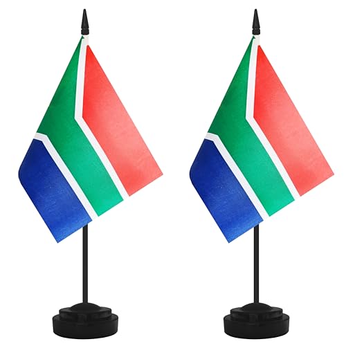 2 Pack South Africa Desk Flag Set, South Africa Desktop Small Miniature Table Office Flag with 12" Black Pole and Black Base, Offices, Classroom, Home, Festival Decoration (South Africa)