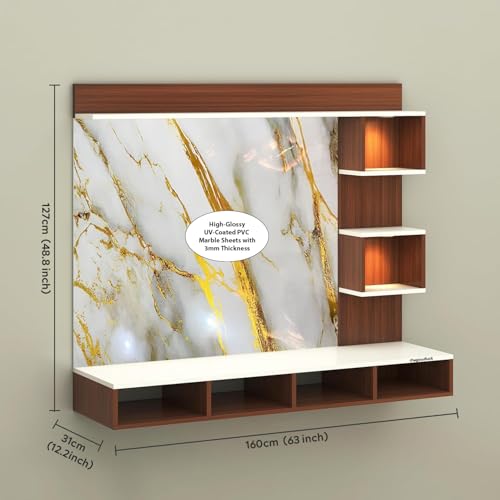 Image of TV Cabinet for Bedroom 32 inch to 65 Inches Engineered Wood TV Entertainment Unit Back Side 3mm UPVC Self Adhsive Waterproof Sheet and Lights (White - Gold, 32-55 Inches, with Fitting)