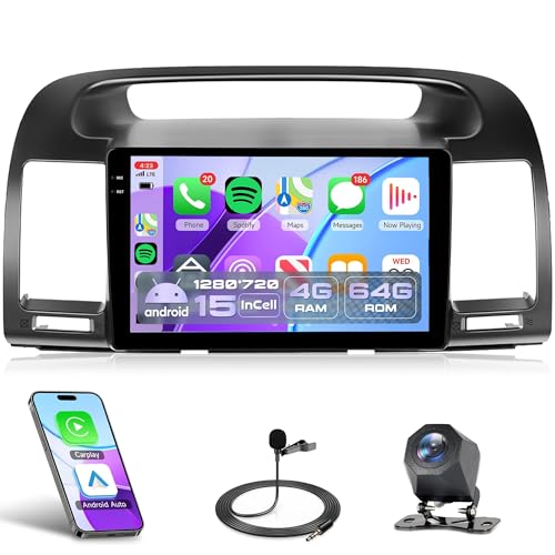 Radio for Toyota Camry 2000 2001 2002 2003 2004 2005 2006 4 Core 4G+64G Android 15 Car Stereo with Wireless Carplay Andorid auto GPS, Rimoody 9 Inch INCELL Screen WiFi Bluetooth FM EQ + Backup Camera
