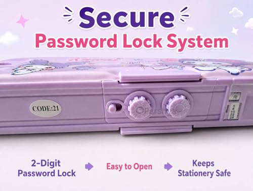 Image of Purple Multifunction Pencil Box for Girls with 2-Digit Password Lock, Built-in Sharpener & Calendar, Dual Sided Magnetic Geometry Compass Box with Buttons, School Gift (Password Lock Kuromi)