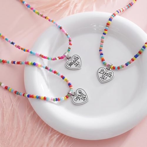 Image of Big Middle Little Sister Mom 2 Daughters Heart Colorful Beaded Necklaces | 3Pcs matching sister pendant set, meaningful friendship & family jewelry, ideal gift for BFF, sisters, mom & daughter
