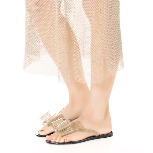 Image of Mtzyoa Women Flip-Flops Flat Sandals Jelly Bow Beach Flat Rivets Rain Cute Dressy Summer Sandals