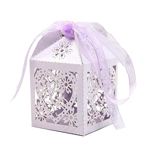 GIVBRO Boîtes à dragées de mariage Coffrets cadeaux en chocolat avec rubans Motif cœur creux Sac à bonbons pour anniversaire Noël Décoration Violet...