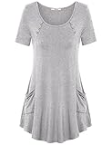 Jazzco Tunics For Women Short Sleeve, Ladies Round Neck Short Sleeve Pocket Casual Summer Flowy Shirt Tops(Grey,XX-Large)