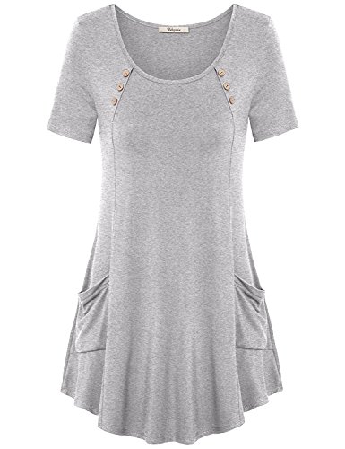 Jazzco Plus Size Tunics for Women, Ladies Round Neck Short Sleeve Pocket Casual Summer Flowy Shirt Tops(Grey,XX-Large)