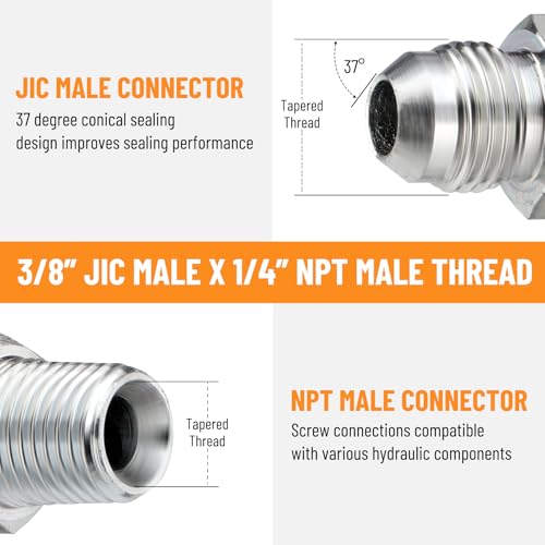 Image of 10 Pack Hydraulic Hose Adapter Fittings: 3 /8 inch JIC 37 Male x 1 /4 inch NPT Male, Straight Tube Connectors with Protection Cover