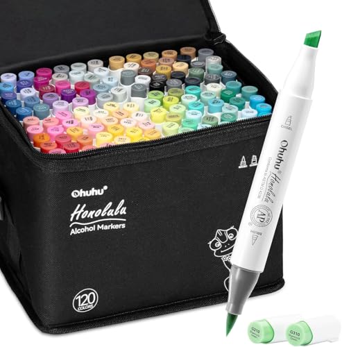 Ohuhu Alcohol Markers Brush Tip -Double Tipped Art Marker Set for Artist Adults Coloring Illustration - 120 Colors- Brush & Chisel Dual Tips- Honolulu of Ohuhu Markers- Refillable Alcohol-based Ink