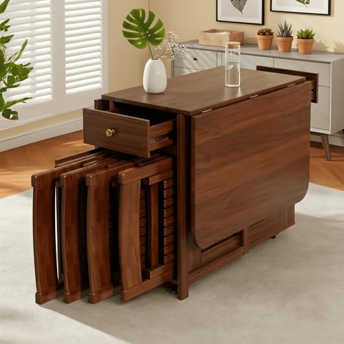 LineCrispton Drop Leaf Table and Chairs - 51 Fully Assembled Folding Dining Table 4-6 Seater with Storage and Lockable Wheels Space-Saving Set with 4 Chairs for Kitchen or Dining Room (Walnut)