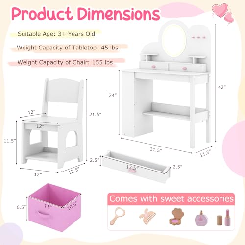 Image of Costzon Kids Vanity, Girls Vanity Set with Lighted Mirror, Bookshelf, Drawers, Hooks & Storage Shelves, Toddler Makeup Vanity Desk Dressing Table, Wooden Kids Vanity Table and Chair Set (White)