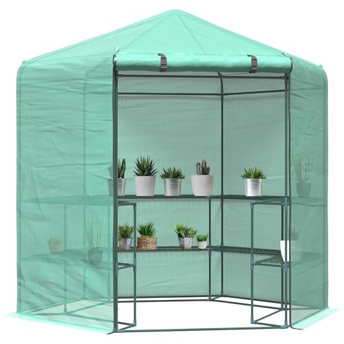 Outsunny Walk-in Greenhouse Outdoor 3 Tier 10 Shelf Warm House Garden Hexagonal Hot House with Roll-Up Zipper Door & Steel Frame