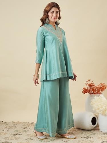 Image of MOKOSH Women's Silk Embroidery Kurta Sharara with Dupatta | Kurta Set | Embroidered |Indian Kurta Outfit with Sharara | 3 Piece Outfit |Straight Ethnic Suit 4 Colour Options Available