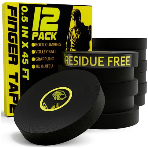Image of EAGLES Finger Tape 2, 3, 6 or 12 Pack Black or White | Residue Free Skin Friendly Strong Athletic Sports Tapes | 0.5 inch x 45 Ft for BJJ Jiu Jitsu Grappling MMA Knob Tape Weight (Black, 12 Pack)