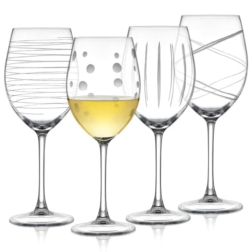 Joeyan Hand Blown Etched Red and White Wine Glasses,Carved Stripes Dots Stemmed Glasses,Clear Long Stem Glassware Set for Wine Tasting Birthday Anniversary Wedding,560 ml,Set of 4