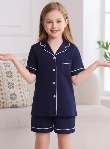 Veseacky Girls Pajamas Sets 100% Cotton PJ ButtonDown Long Sleeve 2 Piece Pajamas Set Boys Girls Pjs for Ages 5-14(120-160)2