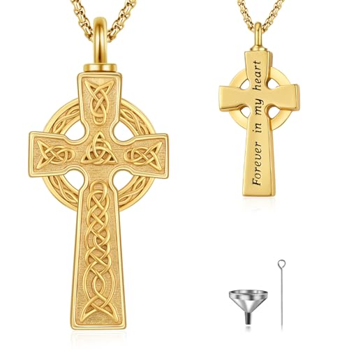 Urn Necklace for Ashes Celtic Cross Cremation Jewelry 925 Sterling Silver 18K Gold Plated Memorial Keepsake Pendant Gift for Human Men Women Loved One