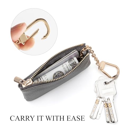 Image of Full Grain Leather Coin Purse with Key Chain - Small Change Purse Keychain Card Holder Keychain Pouch Small Keychain Wallet for Women and Men (Gray)