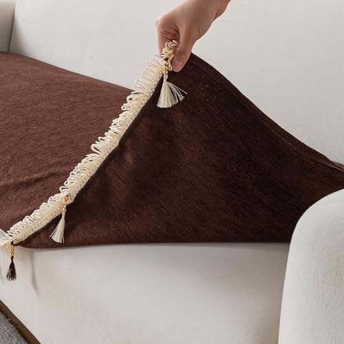 Image of HOKIPO 'Serenity Tassel' Chenille 2 Seater Sofa Cover with Tassel - Chestnut Luke (IN-891-BR)