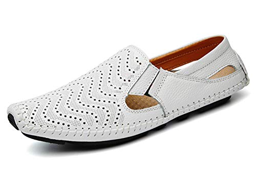 Asifn Mens Perforated Leather Driving Loafer Breathable Comfort Walking Boat Shoes Flat Slippers Outdoor Moccasin 9-9.5 White,10.45" Heel to Toe