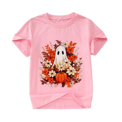 Girls Halloween Ghost T Shirt Pumpkin Floral Graphic Tee Tops Kids Spooky Season Casual Short Sleeve Shirt