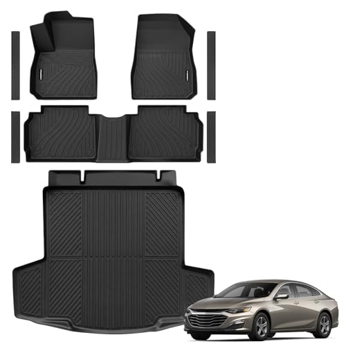 All Weather Floor Mats Cargo Liner for Chevy Malibu 2016-2023 2024 2025 TPE Rubber Floor Liners Anti-Slip Full Set with Door Sill Protectors Automotive Mats for 2025 Chevy Malibu Accessories