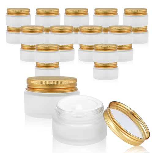 24 pack 5ml Frosted Glass Jars with Unbreak Metal Gold Lids Small Empty Travel Lotion Containers with Inner Liner Airtight Cosmetic Holder with Labels for Lip Balm Creams Body Butter