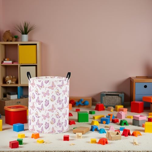 Image of Baby Laundry Basket Baby Nursery Hamper Kids Laundry Basket Toy Storage Bin for Boys Room Decor Gift Baskets for Bedroom Bathroom(Purple Butterfly)