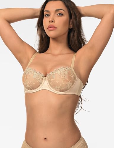 Image of Wingslove Women's Sexy Lace Bra Demi Sheer Mesh Balconette See Through Bralette Unlined Underwire Embroidered
