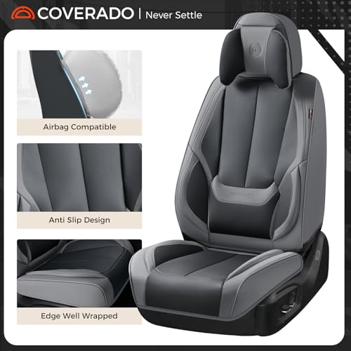 Image of Coverado Seat Covers, Car Seat Covers Front Seats, Car Seat Cover, Car Seat Protector Waterproof, Seat Cushion Nappa Leather with Head Pillow, Carseat Cover Universal Fit for Most Cars (Gray&Black)