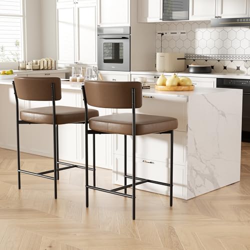 Image of Bar Stools Set of 2, Faux Leather Counter Height Barstools with Curved Back, 25 Inch Upholstered Bar Chairs, Modern Counter Stools for Kitchen lsland, Brown
