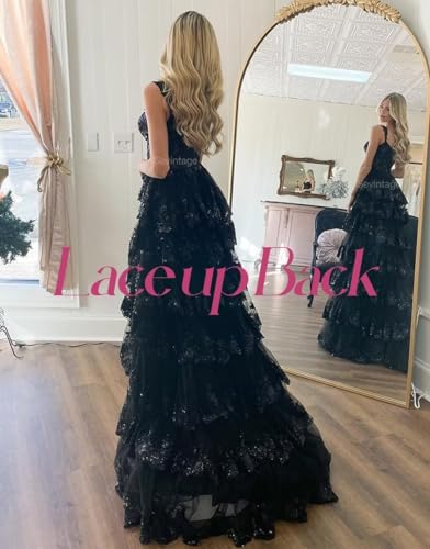 Sevintage Spaghetti Straps Lace Tulle Tiered Prom Dress Long Slit Sparkly Corset Formal Evening Party Gowns2