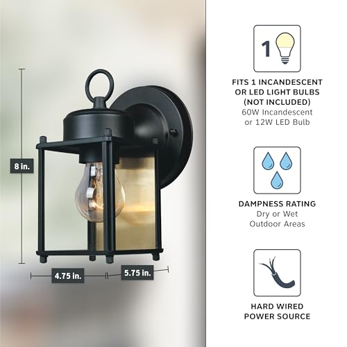 DESIGNERS FOUNTAIN Preston Outdoor Light Fixture, 8 Inch Exterior Wall Lantern Sconce for Front Door, Patio and Porch, Black, 1161-BK