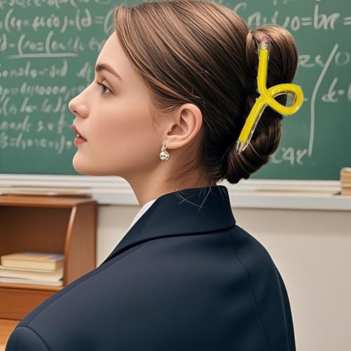 Pinzas para cabello en forma de lápiz amarillas para mujeres, accesorio para el día de regreso a clases, broche metálico divertido para el primer día de escuela miniatura 2