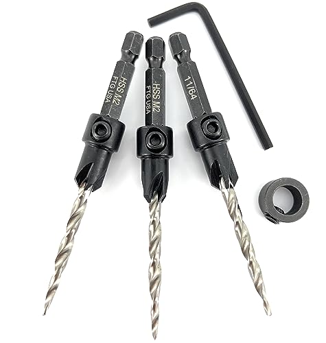 Image of FTG USA #8(11 /64 inch) Wood Countersink Drill Bit 3-Pc Set with 3 /8 inch Depth Stop