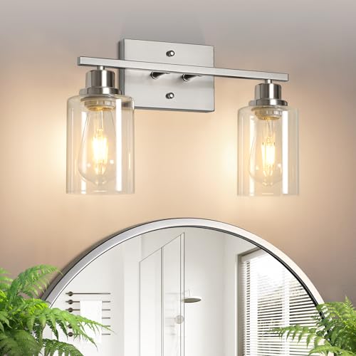 Image of Ascher Bathroom Light Fixtures, 2-Light Vanity Light Over Mirror, Brushed Nickel Wall Sconces with Clear Glass Shades, Wall Lamp for Living Room Bedroom, E26 Base(Bulbs Not Included)